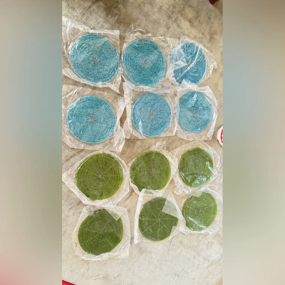 Green Glass beaded 6 Coasters Table Top Decor water ring protector